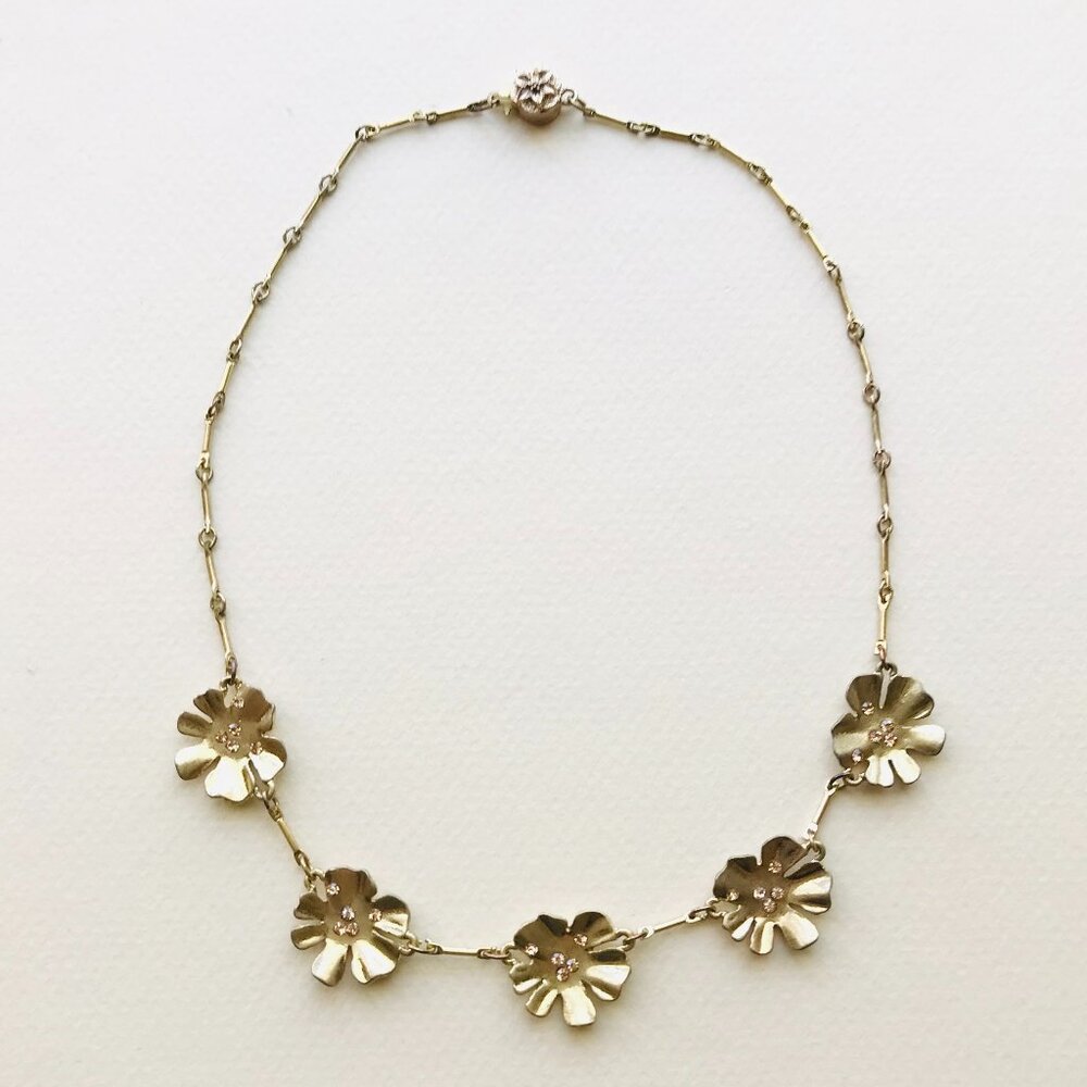 Vintage Floral Station Necklace with Rhinestones